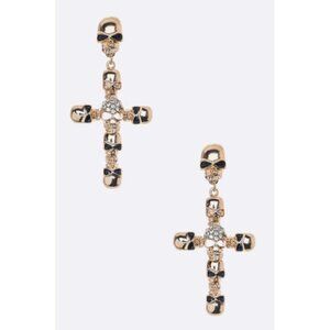 Crystal Skull Cross Drop Earrings - Gold Clear